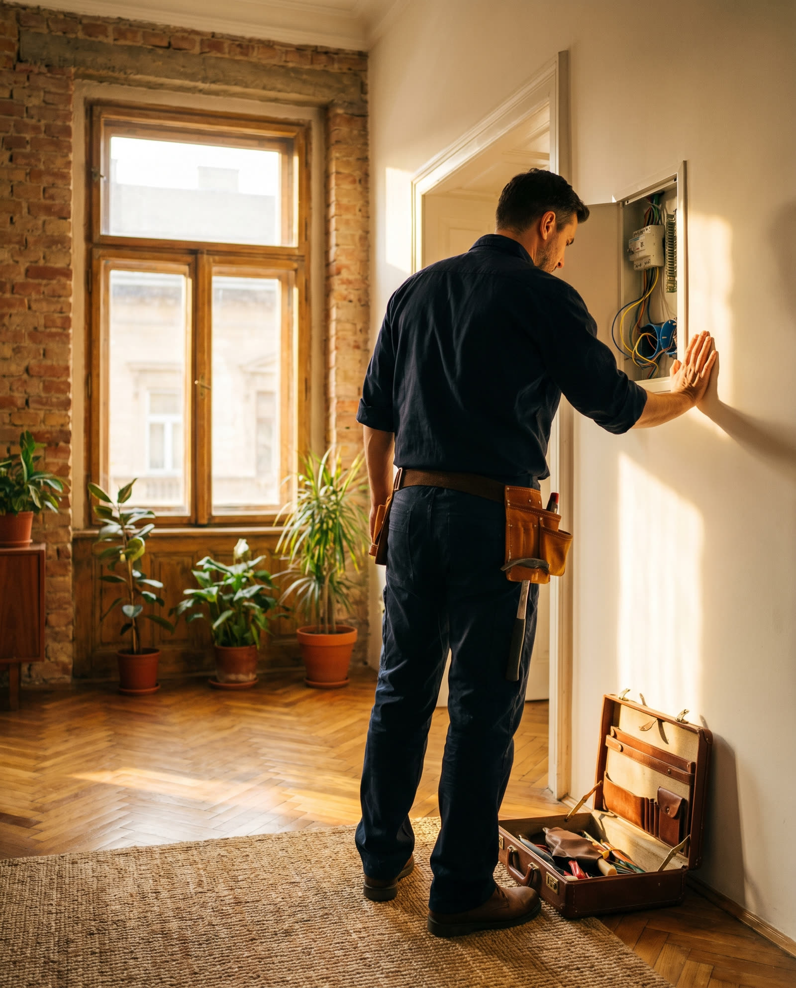 Meșter electrician la lucru într-un apartament